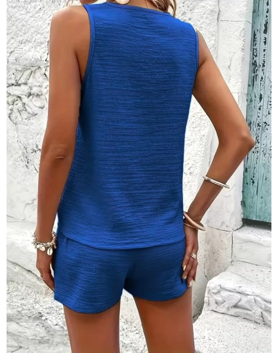 Kadın Askılı Kolsuz V Yakalı önden Düğmeli Bürümcük Bluz Ve Short Ikili Takım