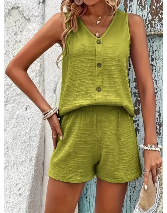 Kadın Askılı Kolsuz V Yakalı önden Düğmeli Bürümcük Bluz Ve Short Ikili Takım