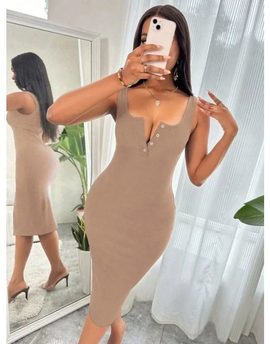 Kadın Askılı önü Düğmeli Midi Kaşkorse Elbise