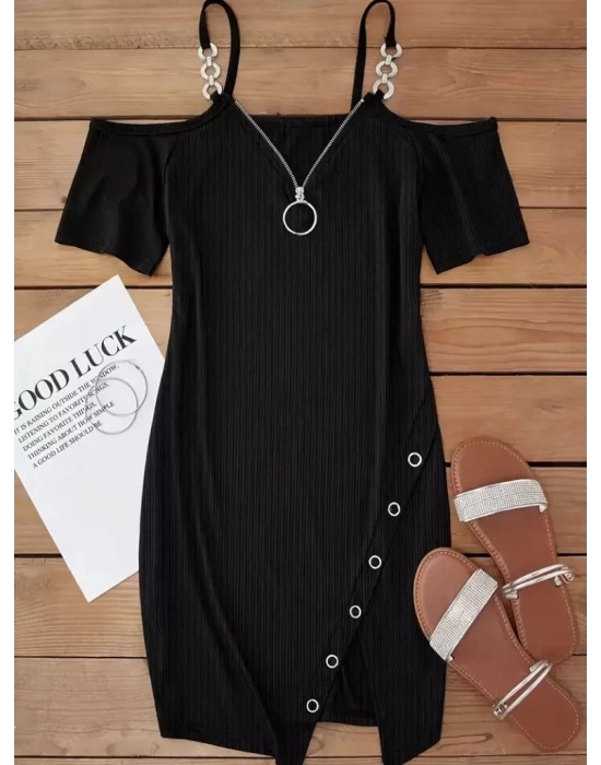 bysoca Kadın Fermuar ve Zincir Askı Detaylı Düşük Omuzlu Yırtmaçlı Fitilli Bodycon Elbise - Siyah