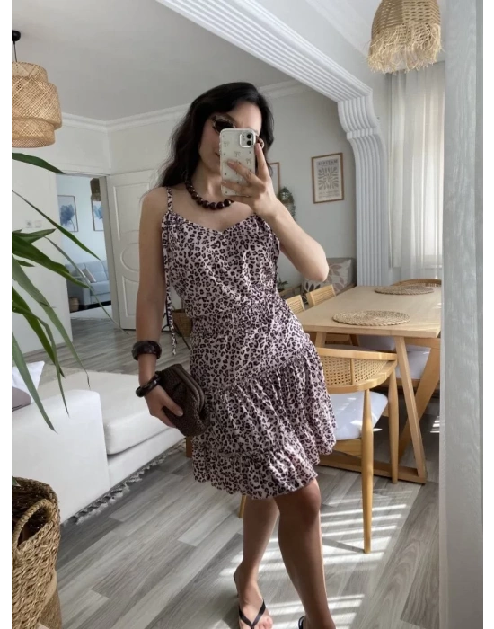 Kadın Askılı V Yaka Beli Pileli Leopar Desen Eteği Fırfırlı Süprem Elbise