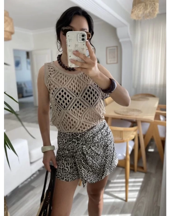Kadın Askılı Yuvarlak Yaka Geometrik Desenli Triko Bluz