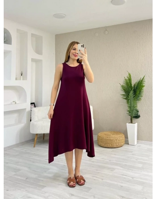 Kadın Askılı Yuvarlak Yakalı Asimetrik Kesim Detaylı Viskon Elbise