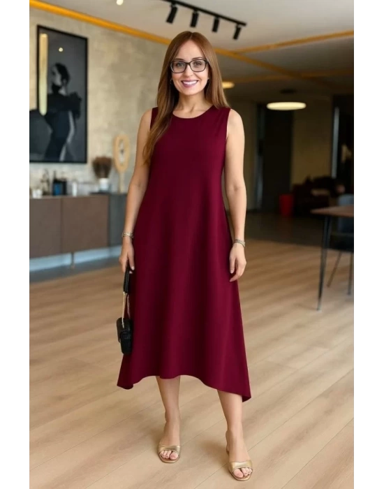 Kadın Askılı Yuvarlak Yakalı Asimetrik Kesim Detaylı Viskon Elbise