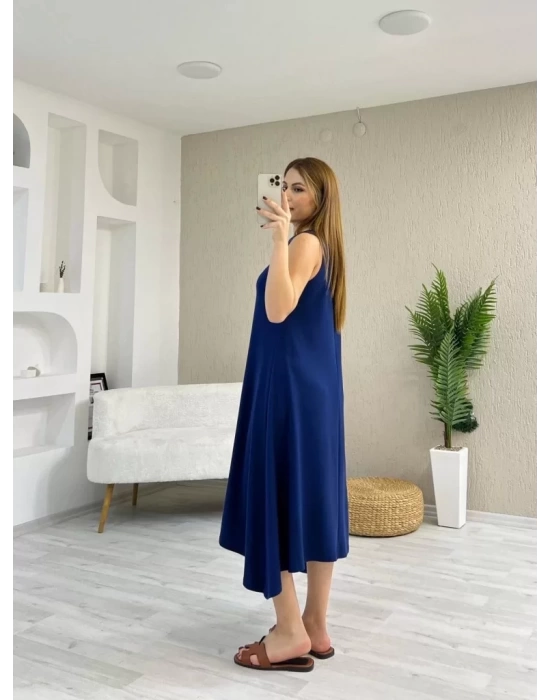 Kadın Askılı Yuvarlak Yakalı Asimetrik Kesim Detaylı Viskon Elbise