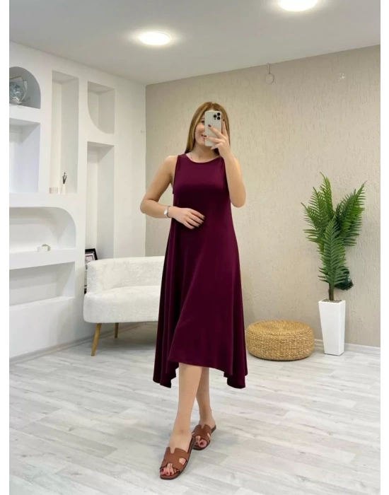 Kadın Askılı Yuvarlak Yakalı Asimetrik Kesim Detaylı Viskon Elbise