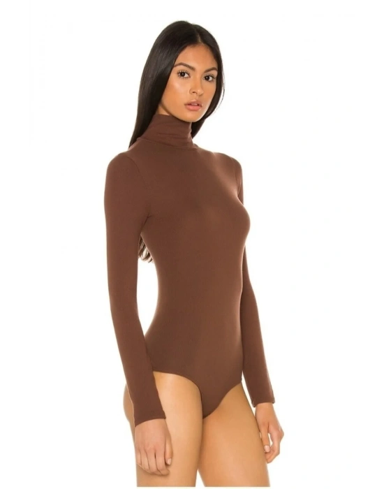 bysoca Kadın Kahverengi Balıkçı Yaka Uzun Kollu Vücudu Saran Sandy Kumaş Tanga Basic Bodysuit