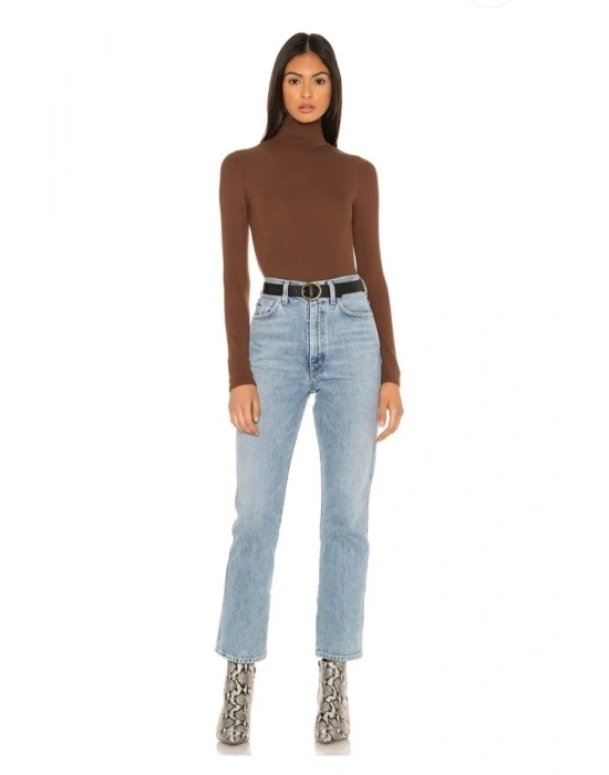 bysoca Kadın Kahverengi Balıkçı Yaka Uzun Kollu Vücudu Saran Sandy Kumaş Tanga Basic Bodysuit