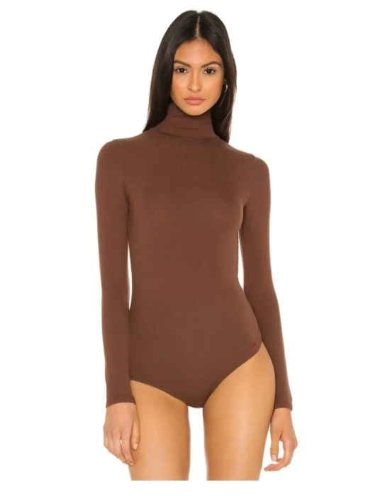 bysoca Kadın Kahverengi Balıkçı Yaka Uzun Kollu Vücudu Saran Sandy Kumaş Tanga Basic Bodysuit
