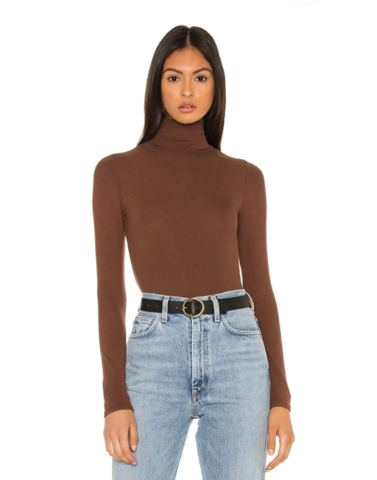 bysoca Kadın Kahverengi Balıkçı Yaka Uzun Kollu Vücudu Saran Sandy Kumaş Tanga Basic Bodysuit