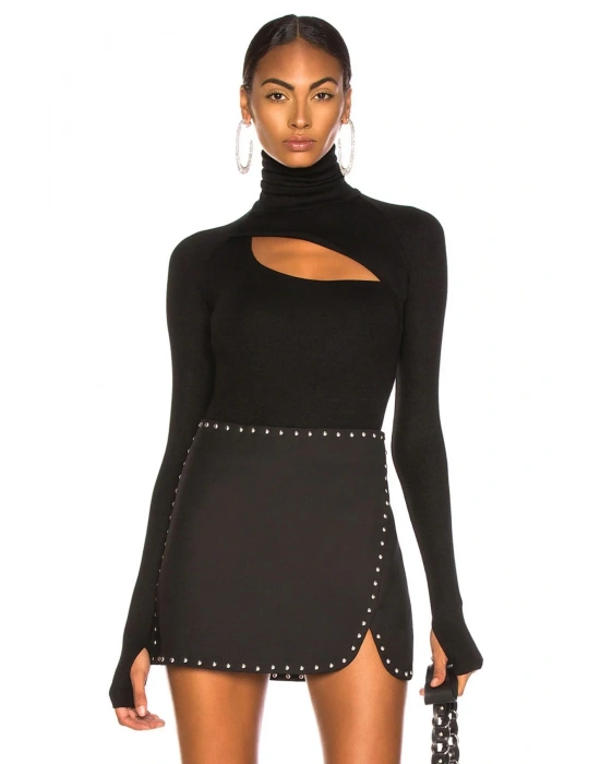 bysoca Kadın Siyah Balıkçı Yaka Göğüs Dekolteli Uzun Kollu Parmak Geçmeli İpek Jarse Bodysuit