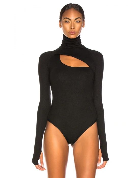bysoca Kadın Siyah Balıkçı Yaka Göğüs Dekolteli Uzun Kollu Parmak Geçmeli İpek Jarse Bodysuit