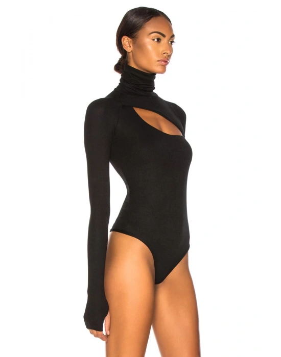 bysoca Kadın Siyah Balıkçı Yaka Göğüs Dekolteli Uzun Kollu Parmak Geçmeli İpek Jarse Bodysuit