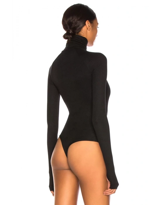 bysoca Kadın Siyah Balıkçı Yaka Göğüs Dekolteli Uzun Kollu Parmak Geçmeli İpek Jarse Bodysuit