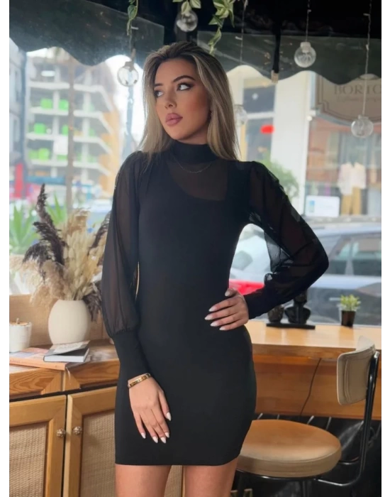 bysoca Kadın Balıkçı Yaka Transparan Tül Kollu Vücudu Saran Şık Mini Davet Elbisesi - Siyah