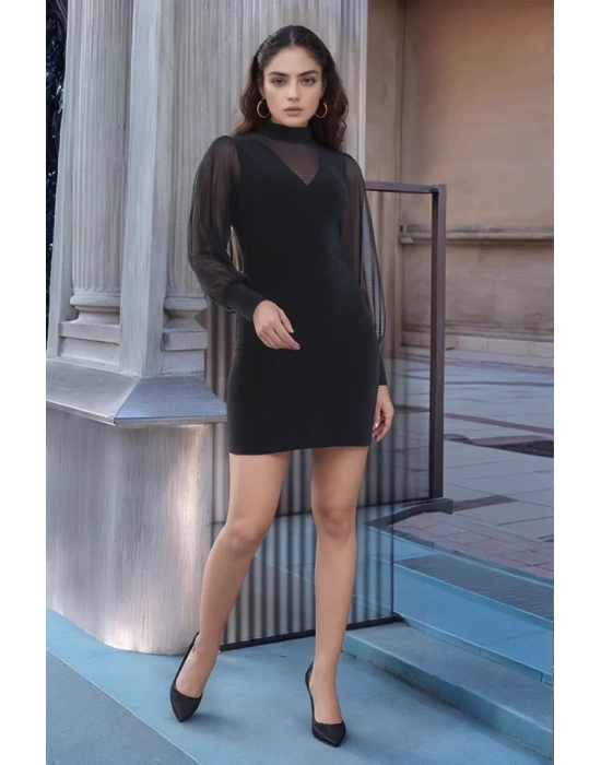 bysoca Kadın Balıkçı Yaka Tül Balon Kollu Vücudu Saran Bodycon Mini Davet Elbisesi - Siyah