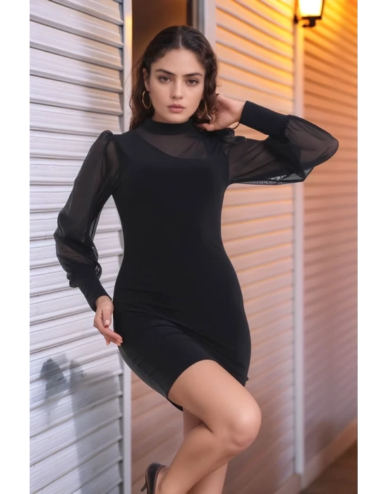 bysoca Kadın Balıkçı Yaka Tül Balon Kollu Vücudu Saran Bodycon Mini Davet Elbisesi - Siyah