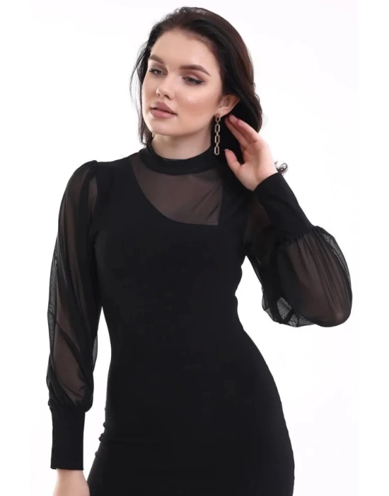 bysoca Kadın Balıkçı Yaka Tül Balon Kollu Vücudu Saran Bodycon Mini Davet Elbisesi - Siyah