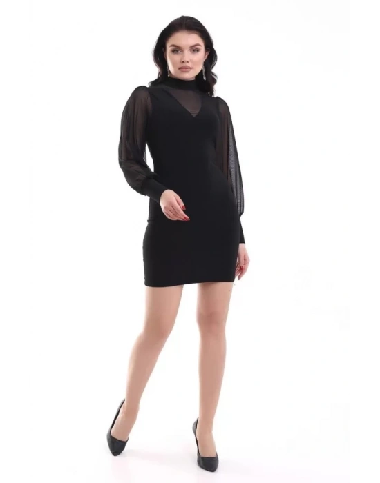 bysoca Kadın Balıkçı Yaka Tül Balon Kollu Vücudu Saran Bodycon Mini Davet Elbisesi - Siyah