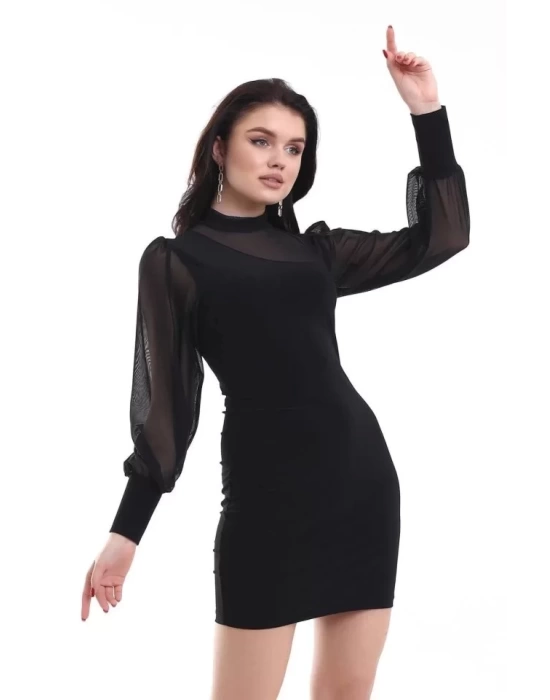 bysoca Kadın Balıkçı Yaka Tül Balon Kollu Vücudu Saran Bodycon Mini Davet Elbisesi - Siyah