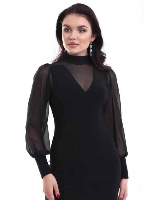 bysoca Kadın Balıkçı Yaka Tül Balon Kollu Vücudu Saran Bodycon Mini Davet Elbisesi - Siyah