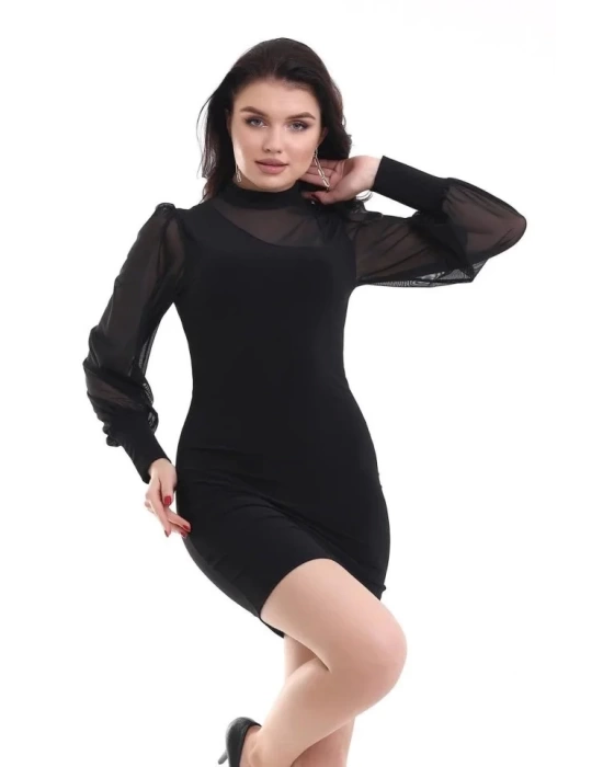 bysoca Kadın Balıkçı Yaka Tül Balon Kollu Vücudu Saran Bodycon Mini Davet Elbisesi - Siyah