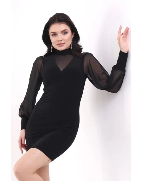 bysoca Kadın Balıkçı Yaka Tül Balon Kollu Vücudu Saran Bodycon Mini Davet Elbisesi - Siyah