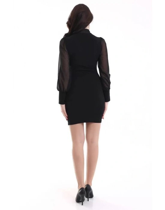 bysoca Kadın Balıkçı Yaka Tül Balon Kollu Vücudu Saran Bodycon Mini Davet Elbisesi - Siyah
