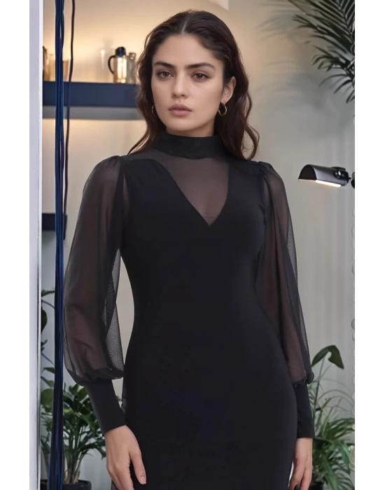 bysoca Kadın Balıkçı Yaka Tül Balon Kollu Vücudu Saran Bodycon Mini Davet Elbisesi - Siyah