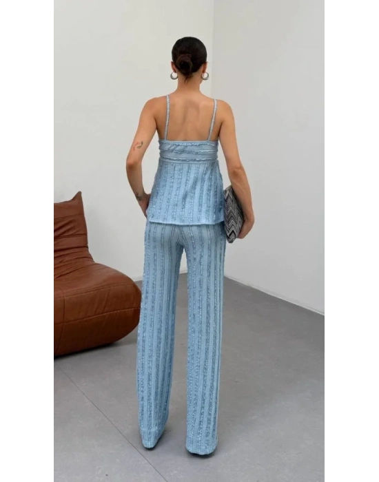 Kadın Bebe Mavisi Dokulu Askılı Üst Ve Bol Paça Pantolon 2’li Takım