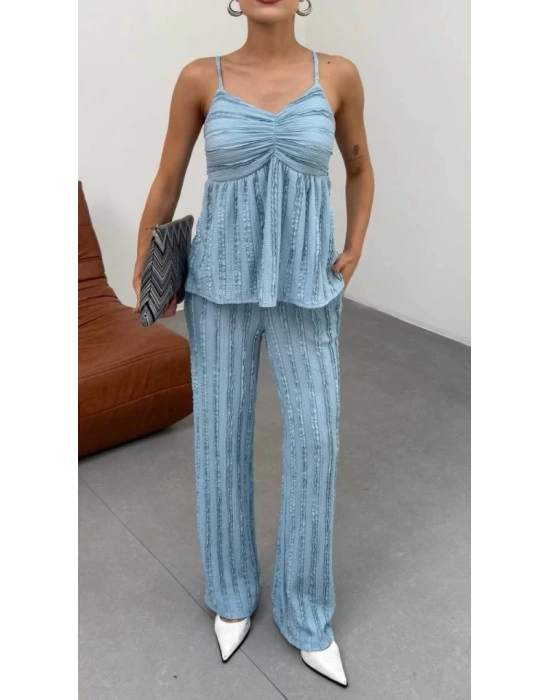 Kadın Bebe Mavisi Dokulu Askılı Üst Ve Bol Paça Pantolon 2’li Takım
