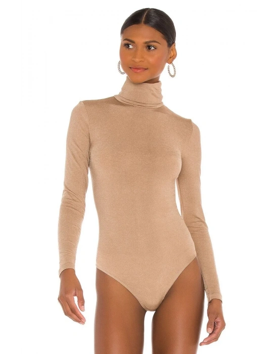 Kadın Bej Balıkçı Yaka Ipek Jarse Bodysuit