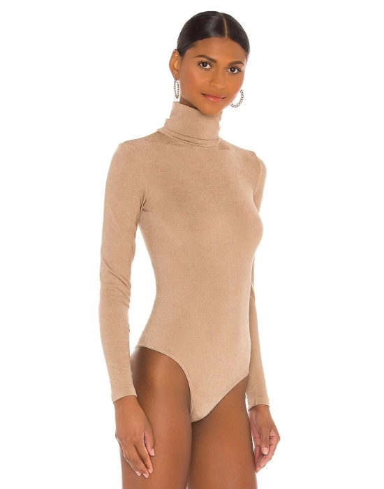 Kadın Bej Balıkçı Yaka Ipek Jarse Bodysuit