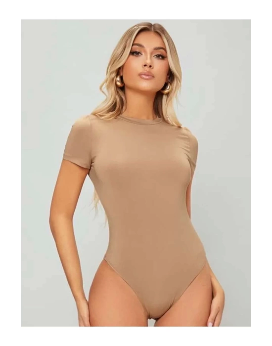 Kadın Bej Kısa Kol Ipek Jarse Bodysuit