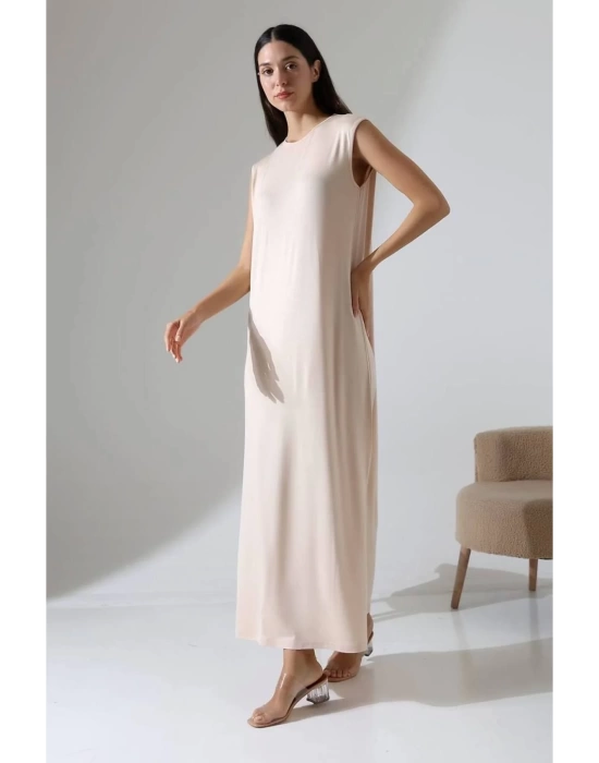 bysoca Kadın Taş Rengi Oversize Sıfır Kol Bisiklet Yaka Uzun Maxi Basic Viskon Jile Tunik Elbise
