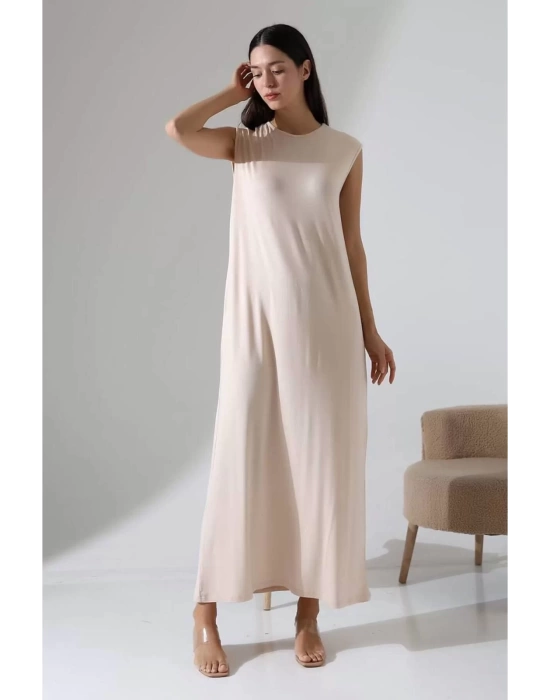 bysoca Kadın Taş Rengi Oversize Sıfır Kol Bisiklet Yaka Uzun Maxi Basic Viskon Jile Tunik Elbise