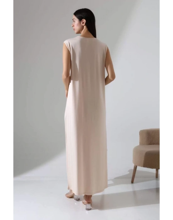 bysoca Kadın Taş Rengi Oversize Sıfır Kol Bisiklet Yaka Uzun Maxi Basic Viskon Jile Tunik Elbise