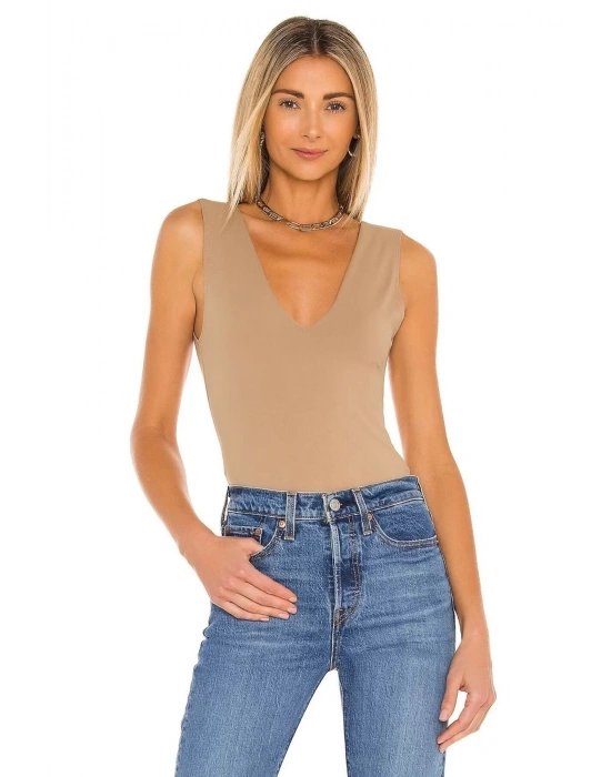 bysoca Kadın Bej V Yaka Sıfır Kol Çift Kat Sandy Kumaş Vücudu Saran Tanga Basic Bodysuit