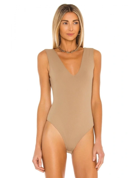 bysoca Kadın Bej V Yaka Sıfır Kol Çift Kat Sandy Kumaş Vücudu Saran Tanga Basic Bodysuit