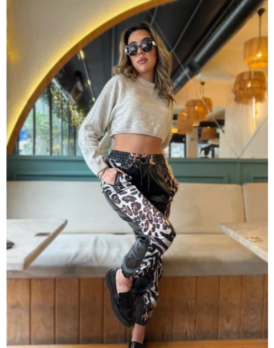 Kadın Bel Ve Paça Lastikli Detay Yanları Leopar Detay Bağcıklı Deri Pantolon