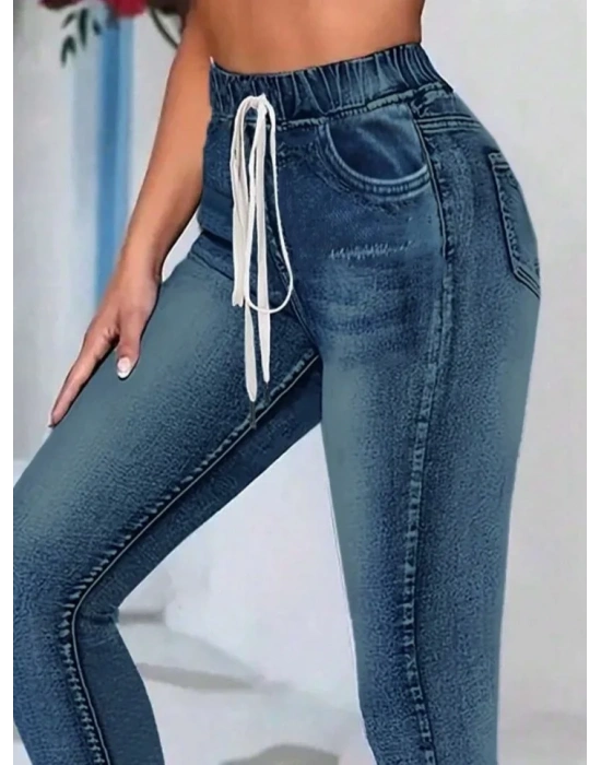 Kadın Belden Bağlamalı Cepli Yüksek Bel Kot Pantolon