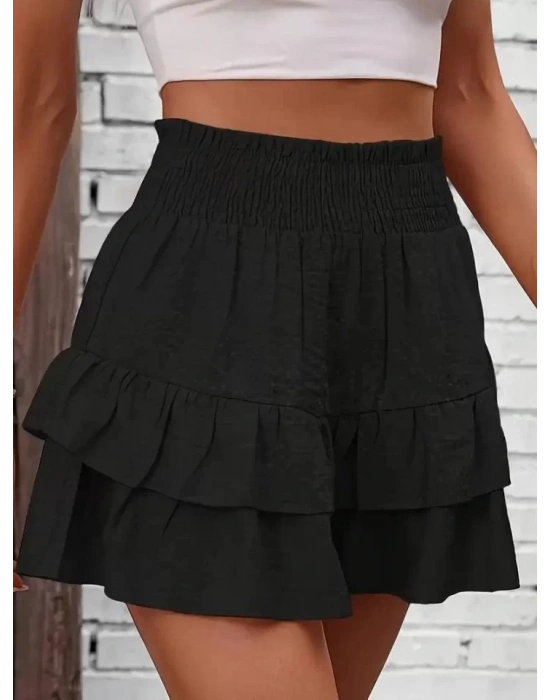 Kadın Beli Lastikli Eteği Fırfırlı Mini Etek