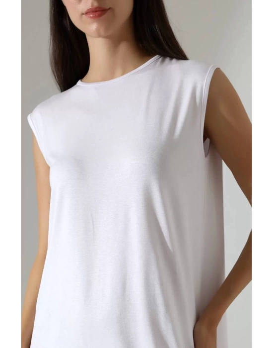 bysoca Kadın Beyaz Oversize Vatka Detaylı Kolsuz Bisiklet Yaka Basic Viskon Tunik Elbise