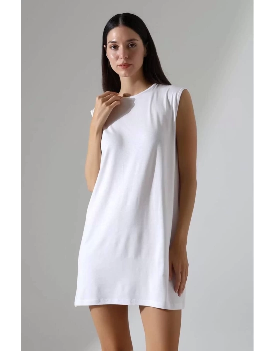 bysoca Kadın Beyaz Oversize Vatka Detaylı Kolsuz Bisiklet Yaka Basic Viskon Tunik Elbise