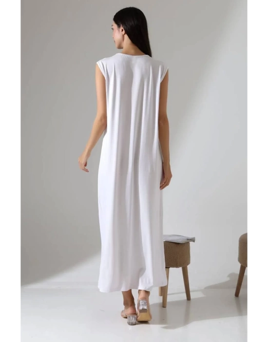 bysoca Kadın Beyaz Oversize Sıfır Kol Bisiklet Yaka Uzun Maxi Basic Viskon Jile İçlik Tunik Elbise