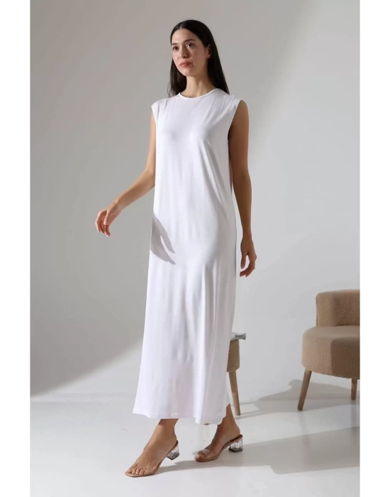 bysoca Kadın Beyaz Oversize Sıfır Kol Bisiklet Yaka Uzun Maxi Basic Viskon Jile İçlik Tunik Elbise