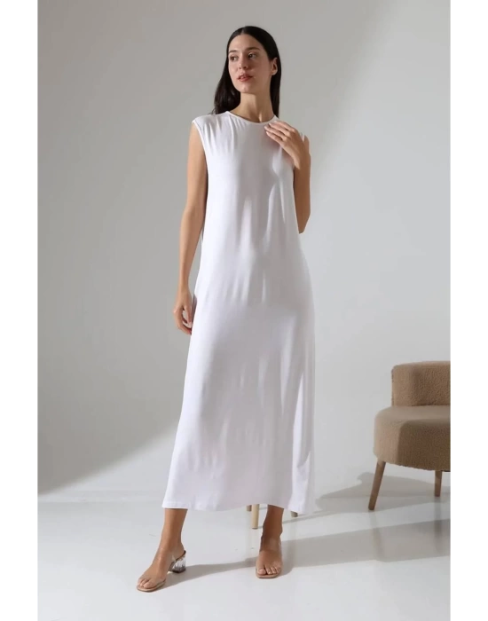bysoca Kadın Beyaz Oversize Sıfır Kol Bisiklet Yaka Uzun Maxi Basic Viskon Jile İçlik Tunik Elbise