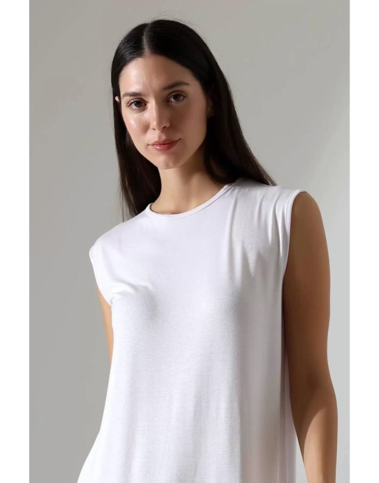 bysoca Kadın Beyaz Oversize Sıfır Kol Bisiklet Yaka Uzun Maxi Basic Viskon Jile İçlik Tunik Elbise