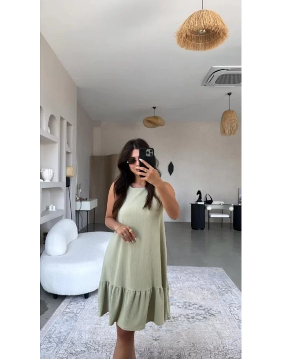 Kadın Bisiklet Yaka Eteği Volanlı Bürümcük Elbise