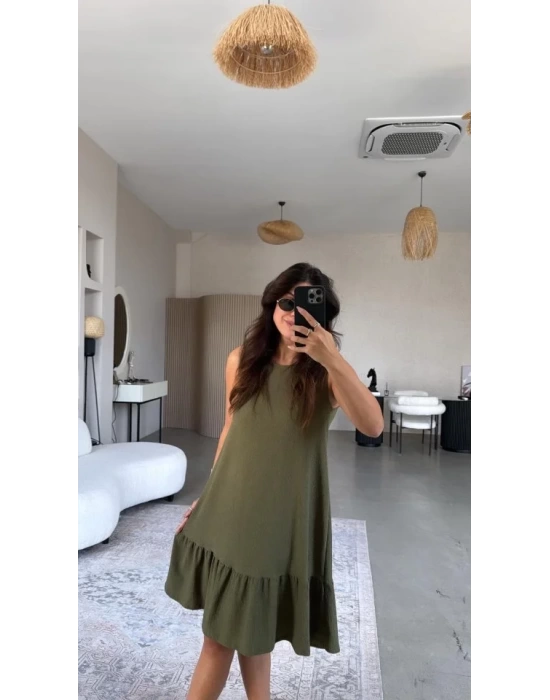 Kadın Bisiklet Yaka Eteği Volanlı Bürümcük Elbise